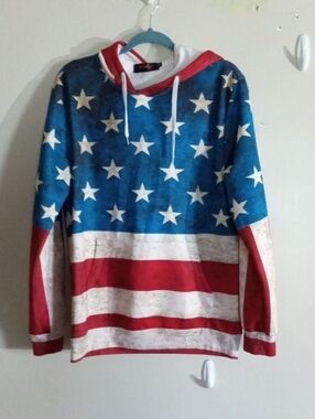 Men's Crewneck Hoodie Sweater - American Flag Print -Red, White and Blue